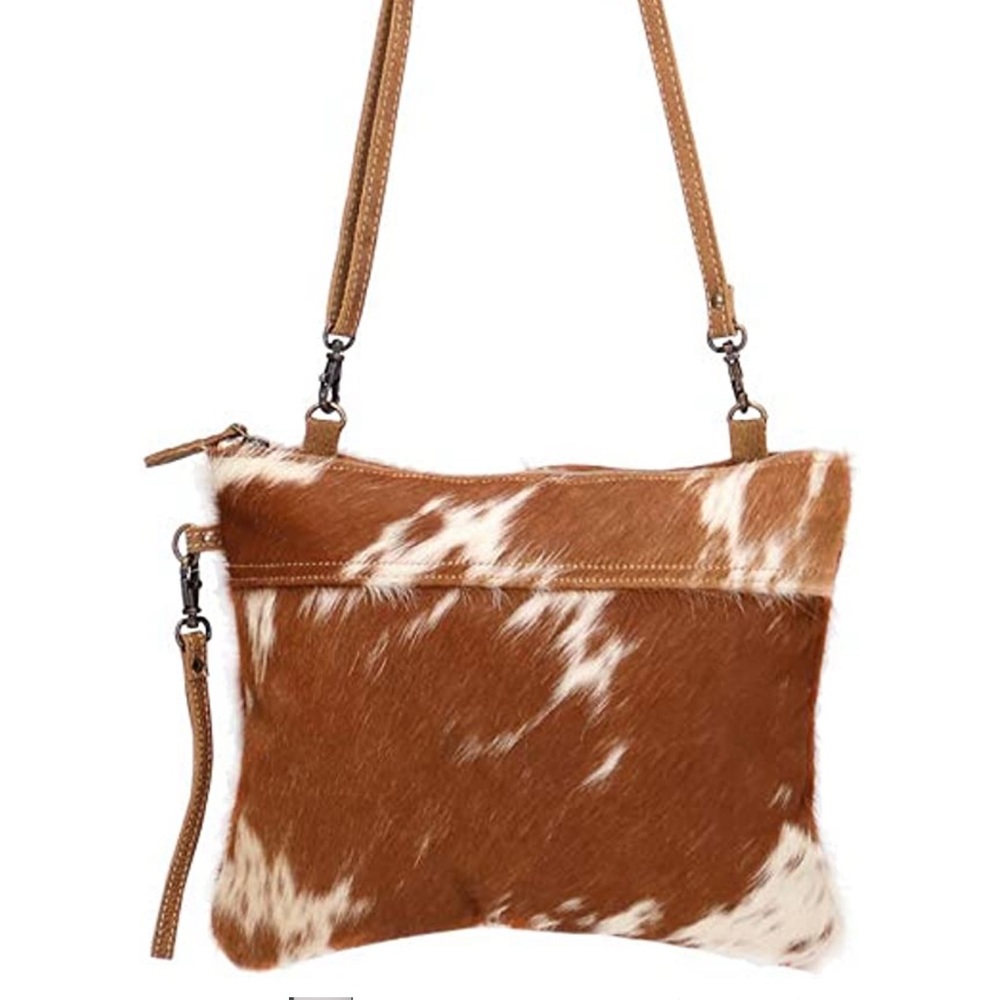 Myra Bag Ivory & Drab Upcycled Leather & Cowhide Wristlet Pouch
